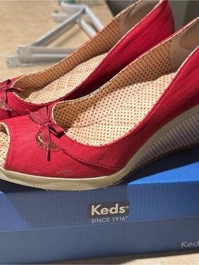 Keds Red Peep-Toe Wedge Pumps with Bow Accent